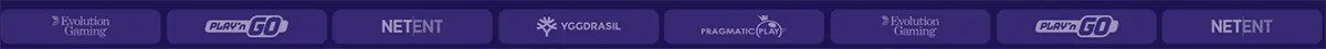 Game provider logos strip displaying Evolution Gaming, Play’n GO, NetEnt, Yggdrasil, and Pragmatic Play on a purple background.