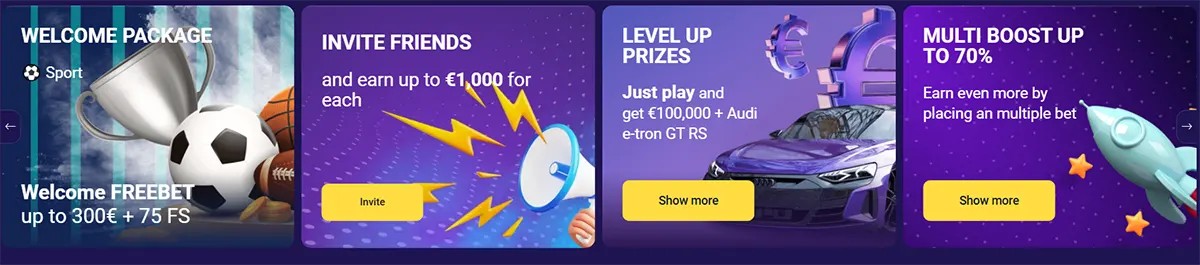 Promotional casino cards highlighting a sports welcome freebet up to €300 plus 75 free spins, a refer-a-friend offer earning up to €1,000 per friend, level-up prizes including €100,000 and an Audi e-tron GT RS, and a multi-bet boost of up to 70% on a purple themed interface.