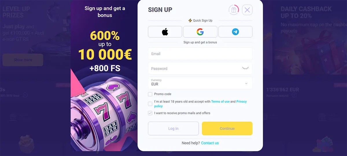 Casino sign-up popup promoting a 600% bonus up to €10,000 plus 800 free spins, featuring quick sign-up options (Apple, Google, Telegram), email and password fields, currency selection, consent checkboxes, and a “Continue” button alongside a slot machine graphic.